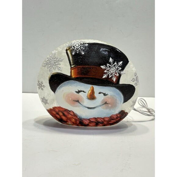Stony Creek Decorative Lighted Glass Snowman Top Hat Scarf 6" Saucer Painted - Picture 3 of 7